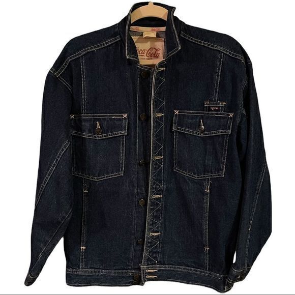 Vintage‎ Coca Cola Denim Jeans Jacket Dark Wash Long Sleeve Collared Size Medium